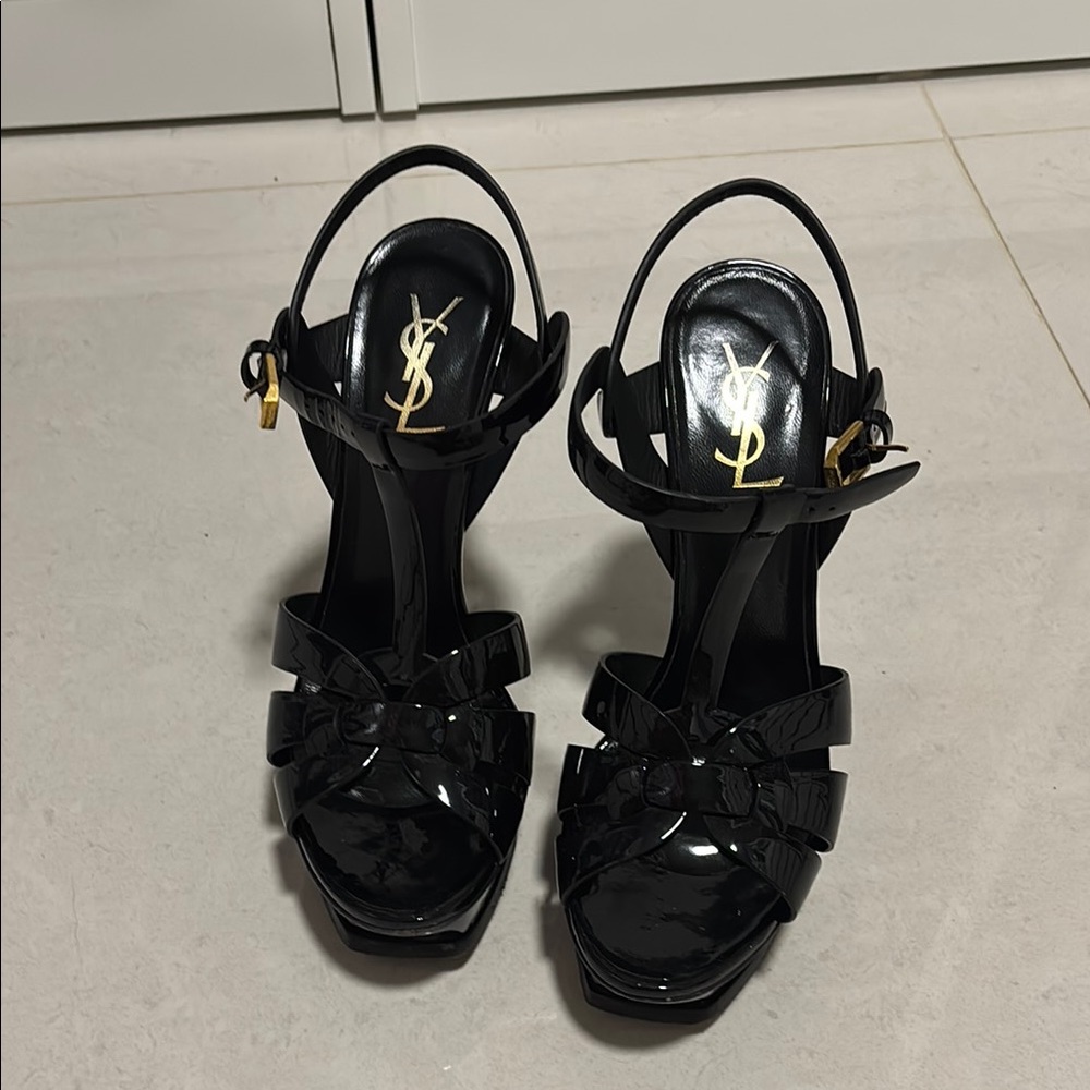 Yves Saint Laurent Glossy Black Heels with Gold Accents